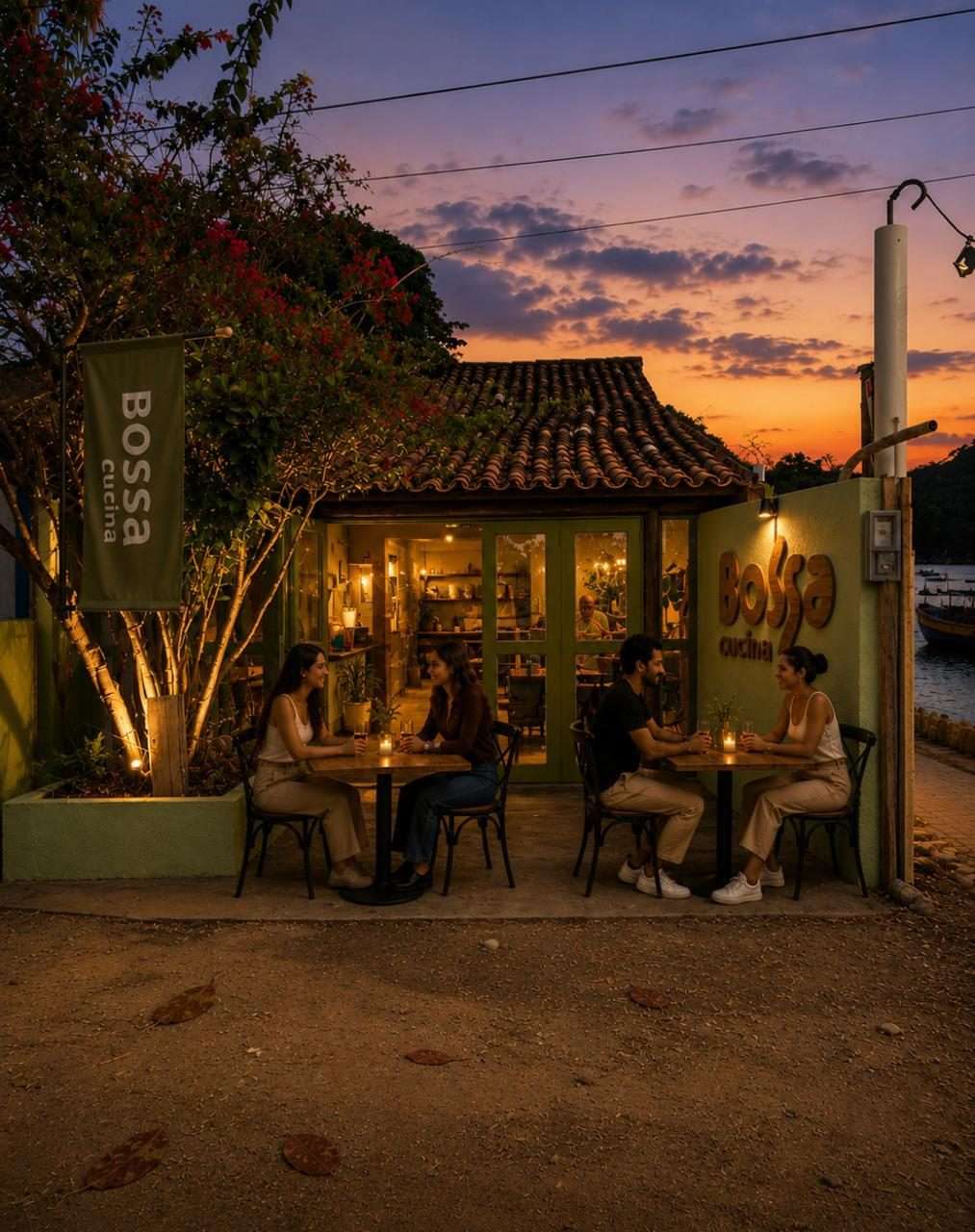 Fachada do Bossa Cucina iluminada ao anoitecer