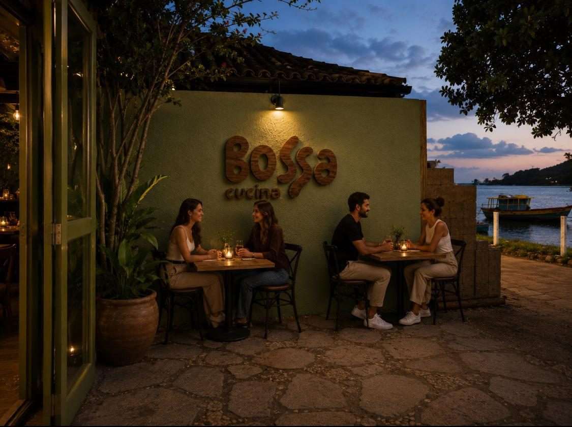 Mesas do Bossa Cucina na varanda à beira do rio